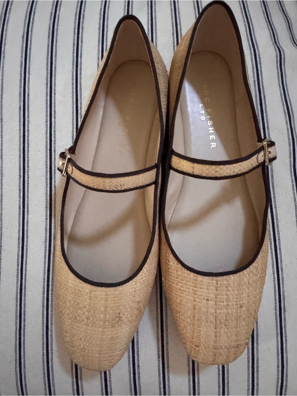 Marc Fisher Natural Straw Mary Jane Flats with Black Trim